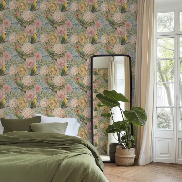 Carta da parati Pappagalli tra peonie, ortensie e magnolie, Parati fiori e piante classici, a00747 : Uwalls.it