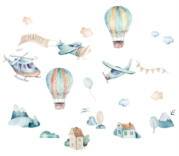 Adesivi murali per bambini - Aerei e palloncini blu