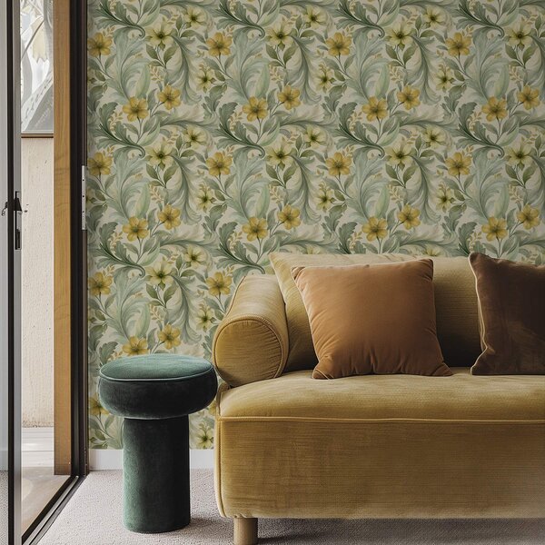 Carta da parati Volute di acanto con fiori nei toni del verde e del giallo, Parati fiori e piante classici, a00749 : Uwalls.it