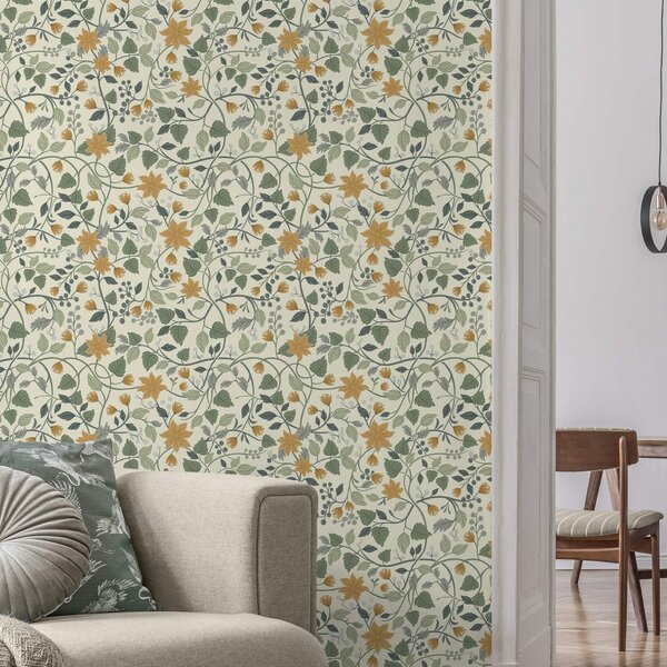 Carta da parati Rami rampicanti con fiori gialli e bacche, Parati fiori e piante classici, a00750 : Uwalls.it