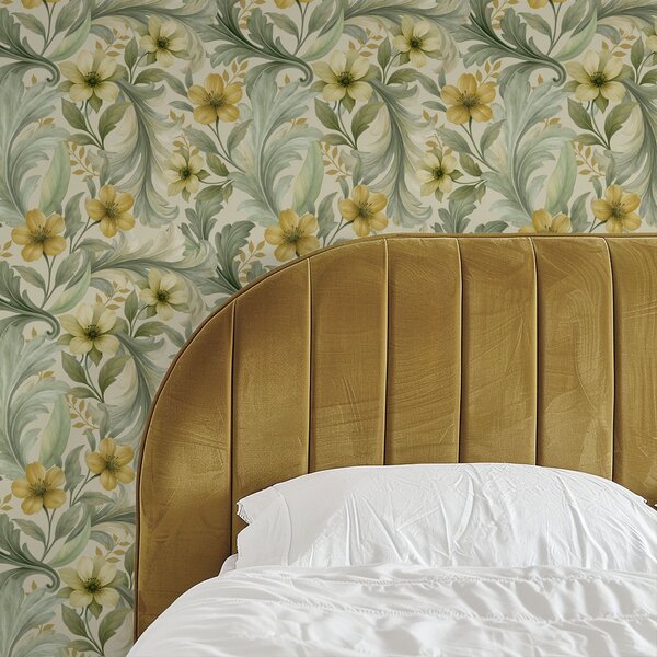 Carta da parati Volute di acanto con fiori nei toni del verde e del giallo, Parati fiori e piante classici, a00749 : Uwalls.it