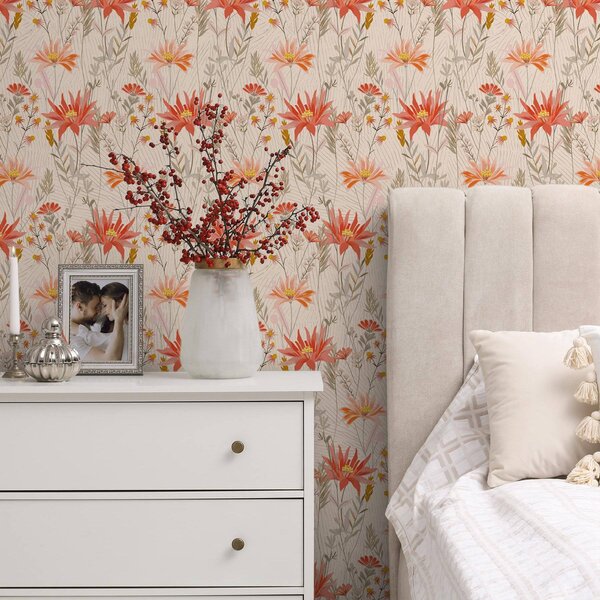 Carta da parati Fiori selvatici dai toni caldi su sfondo beige, Parati fiori e piante classici, a00751 : Uwalls.it