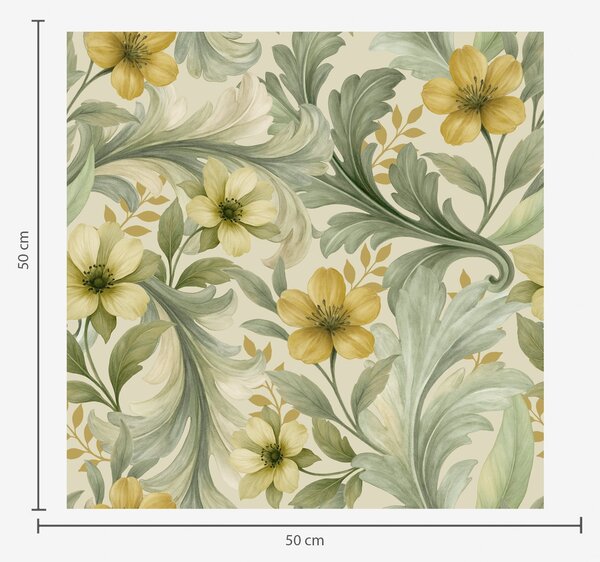 Carta da parati Volute di acanto con fiori nei toni del verde e del giallo, Parati fiori e piante classici, a00749 : Uwalls.it