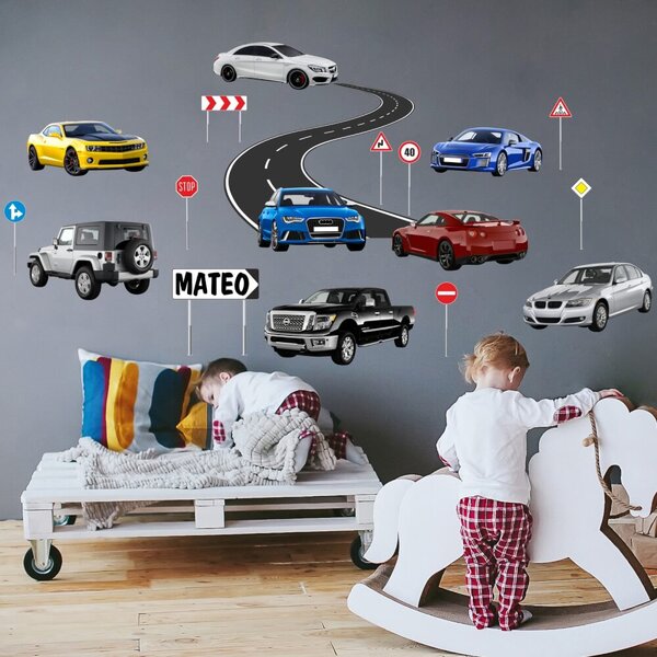Adesivo da parete per bambini – Auto con nome