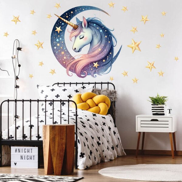 Adesivi murali cameretta bimba - Unicorno nell'abbraccio della luna
