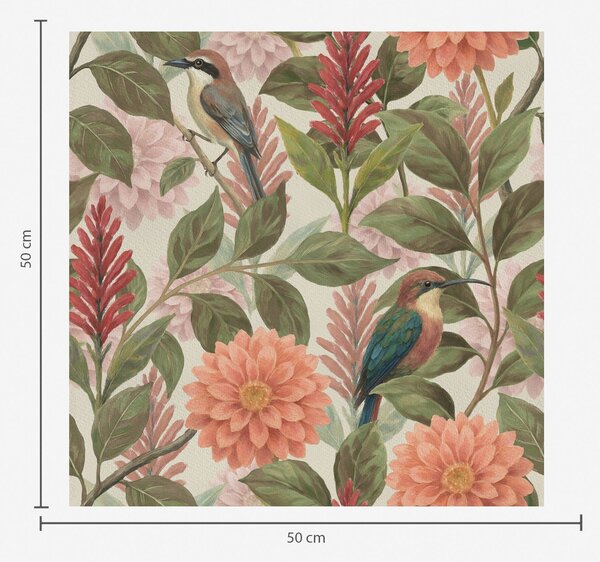 Carta da parati Uccelli tra fiori e foglie dai toni caldi, Parati fiori e piante classici, a00753 : Uwalls.it