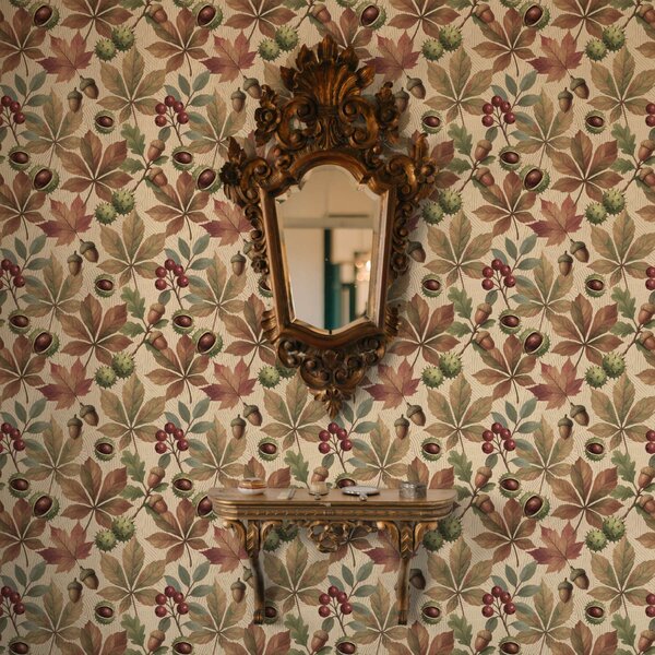 Carta da parati Foglie autunnali, ghiande e bacche su sfondo beige, Parati natura classici, Parati natura foglie classici, a00754 : Uwalls.it
