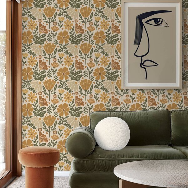 Carta da parati Fiori stilizzati in tonalità calde con cuori, Parati fiori e piante classici, a00752 : Uwalls.it