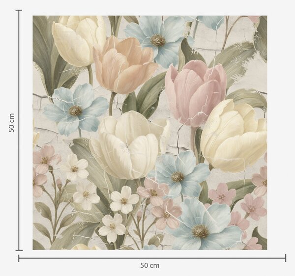 Carta da parati Tulipani e fiori pastello su sfondo chiaro screpolato, Parati fiori e piante classici, a00756 : Uwalls.it