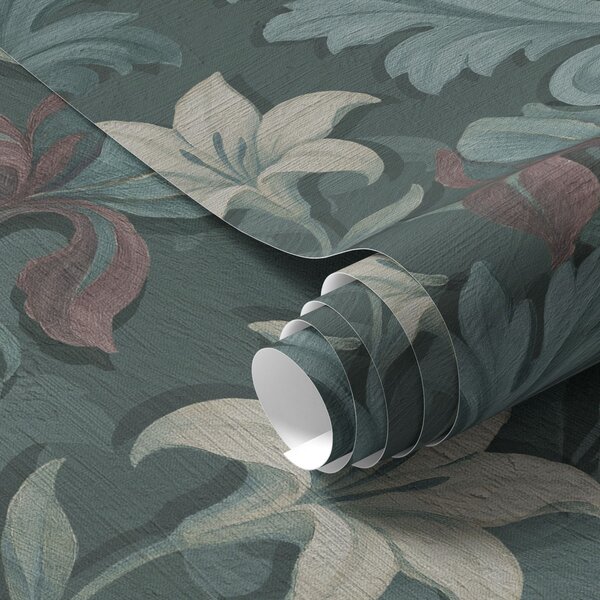 Carta da parati Sfondo verde scuro con iris e foglie decorative, Parati fiori e piante classici, a00755 : Uwalls.it