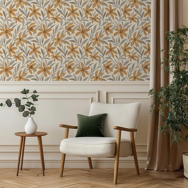 Carta da parati Gigli gialli e foglie grigio-verdi su sfondo chiaro, Parati fiori e piante classici, a00757 : Uwalls.it
