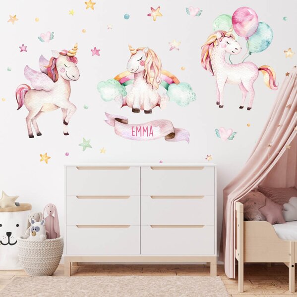 Carta adesiva murale - Unicorni rosa con nome