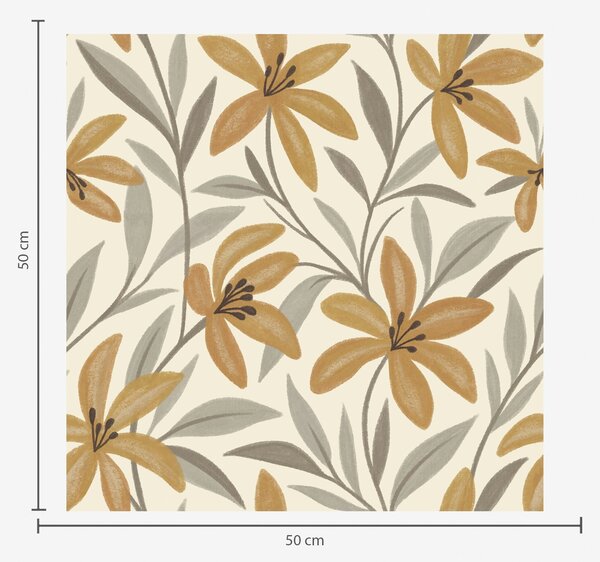 Carta da parati Gigli gialli e foglie grigio-verdi su sfondo chiaro, Parati fiori e piante classici, a00757 : Uwalls.it