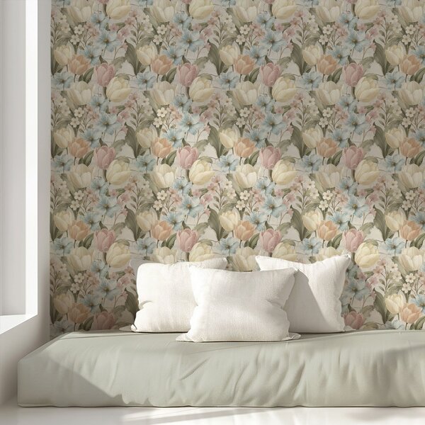 Carta da parati Tulipani e fiori pastello su sfondo chiaro screpolato, Parati fiori e piante classici, a00756 : Uwalls.it