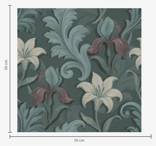Carta da parati Sfondo verde scuro con iris e foglie decorative, Parati fiori e piante classici, a00755 : Uwalls.it