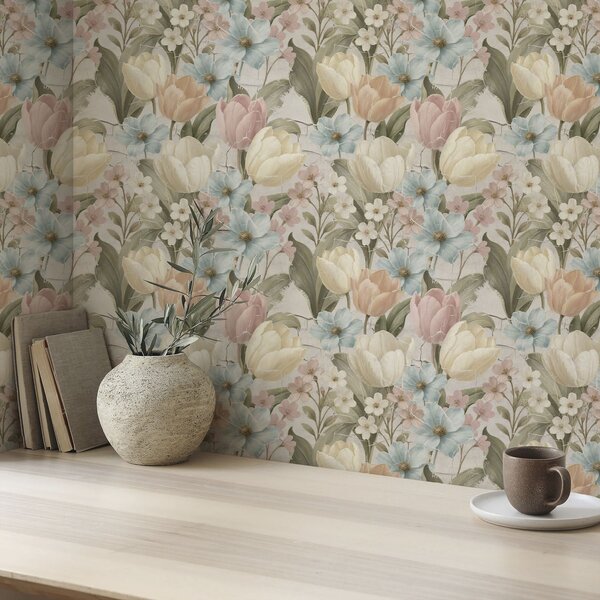 Carta da parati Tulipani e fiori pastello su sfondo chiaro screpolato, Parati fiori e piante classici, a00756 : Uwalls.it