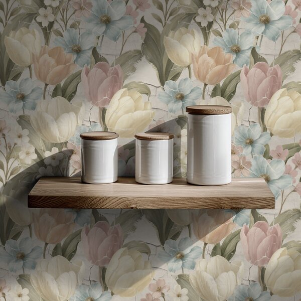 Carta da parati Tulipani e fiori pastello su sfondo chiaro screpolato, Parati fiori e piante classici, a00756 : Uwalls.it