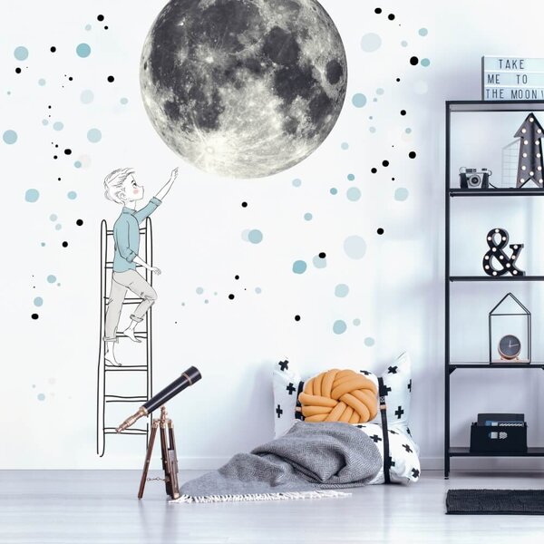 Adesivo murale - Luna e ragazzo su una scala con stelle, grande adesivo