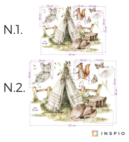 Adesivo murale Woodland - Tenda Teepee e animali della foresta