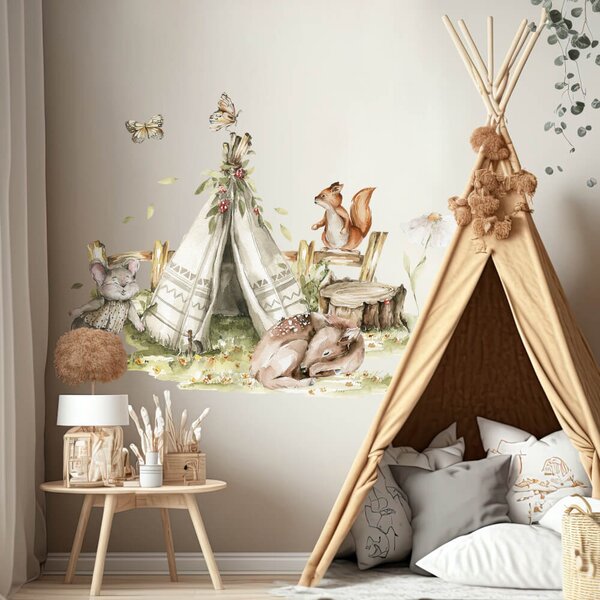 Adesivo murale Woodland - Tenda Teepee e animali della foresta