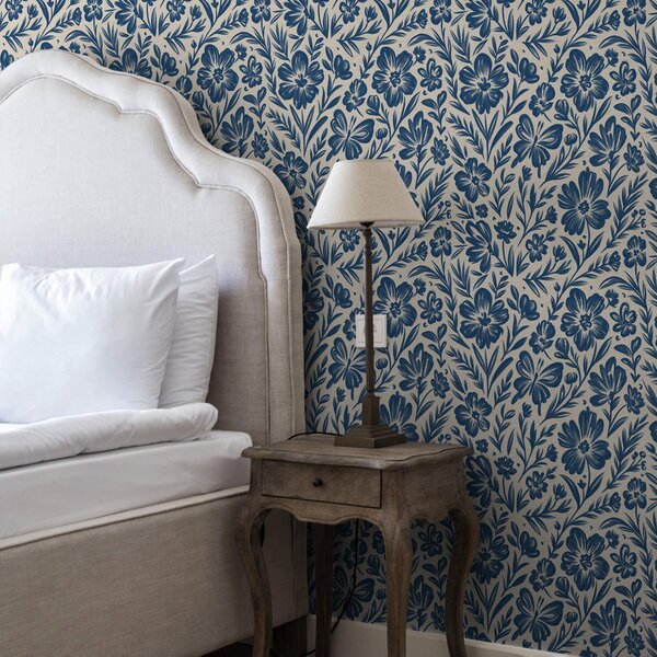 Carta da parati Ornamento floreale blu con farfalle, Parati fiori e piante classici, a00758 : Uwalls.it