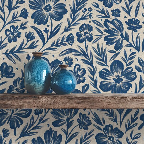 Carta da parati Ornamento floreale blu con farfalle, Parati fiori e piante classici, a00758 : Uwalls.it