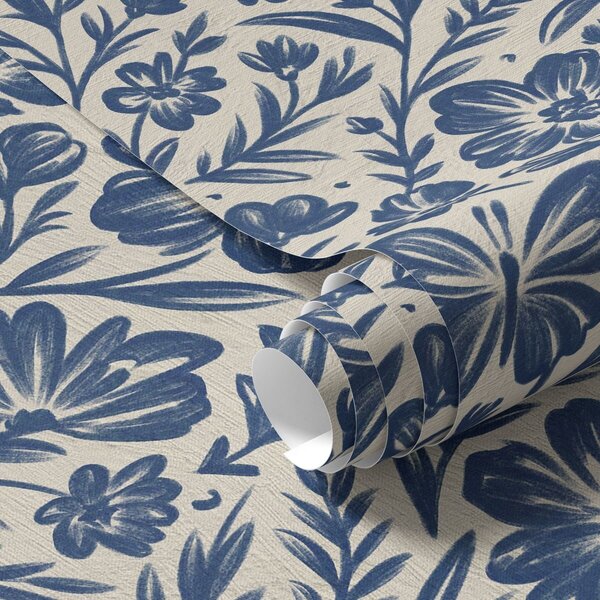 Carta da parati Ornamento floreale blu con farfalle, Parati fiori e piante classici, a00758 : Uwalls.it