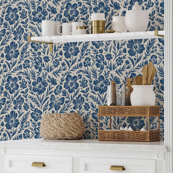 Carta da parati Ornamento floreale blu con farfalle, Parati fiori e piante classici, a00758 : Uwalls.it