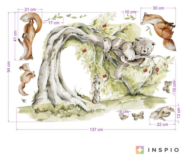 Adesivo murale Woodland - Orso sull'albero e animali della foresta