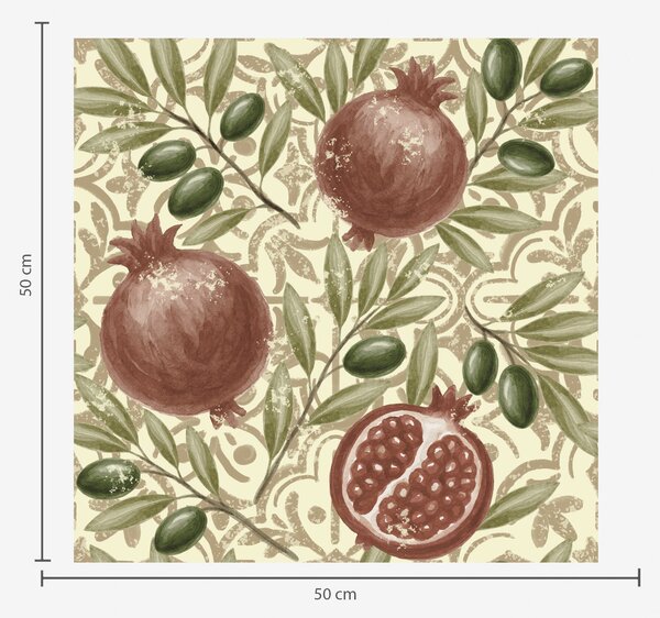 Carta da parati Rami di melograno e ulivo su sfondo ornamentale, Parati fiori e piante classici, a00764 : Uwalls.it