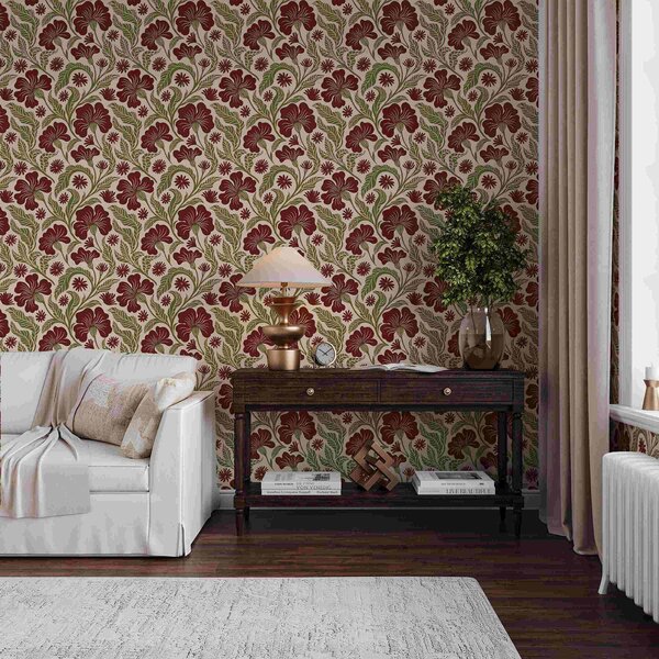 Carta da parati Fiori bordeaux con foglie verdi su sfondo chiaro, Parati fiori e piante classici, a00761 : Uwalls.it