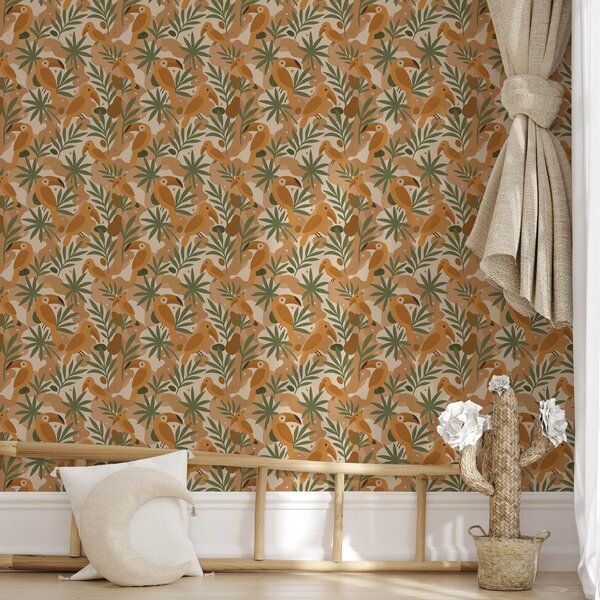 Carta da parati Tucani stilizzati tra le foglie di palma, Parati fiori e piante classici, a00762 : Uwalls.it