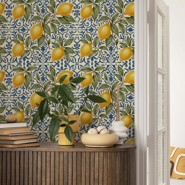 Carta da parati Rami di limone con sfondo ornamentale blu, Parati classici Cibo e bevande, a00763 : Uwalls.it