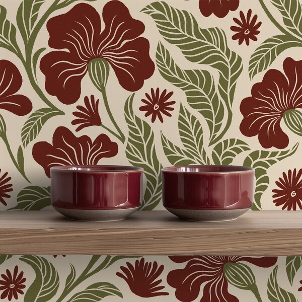 Carta da parati Fiori bordeaux con foglie verdi su sfondo chiaro, Parati fiori e piante classici, a00761 : Uwalls.it