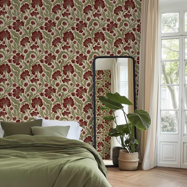 Carta da parati Fiori bordeaux con foglie verdi su sfondo chiaro, Parati fiori e piante classici, a00761 : Uwalls.it