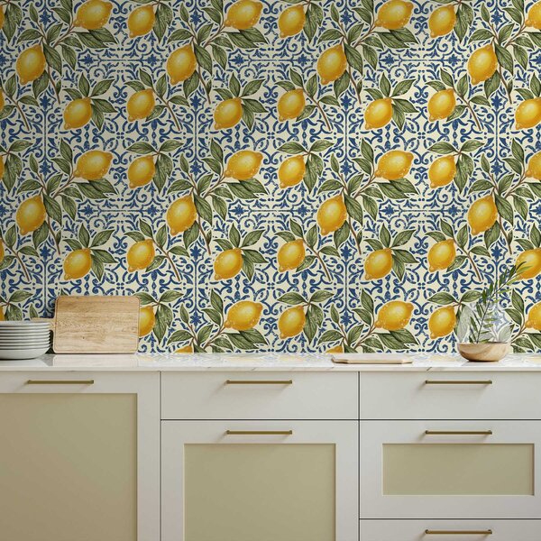 Carta da parati Rami di limone con sfondo ornamentale blu, Parati classici Cibo e bevande, a00763 : Uwalls.it