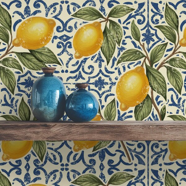 Carta da parati Rami di limone con sfondo ornamentale blu, Parati classici Cibo e bevande, a00763 : Uwalls.it