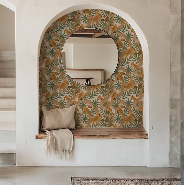 Carta da parati Tucani stilizzati tra le foglie di palma, Parati fiori e piante classici, a00762 : Uwalls.it