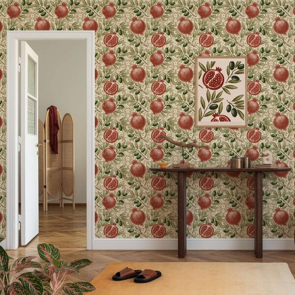 Carta da parati Rami di melograno e ulivo su sfondo ornamentale, Parati fiori e piante classici, a00764 : Uwalls.it