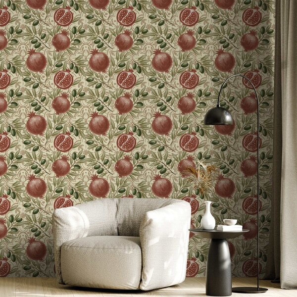 Carta da parati Rami di melograno e ulivo su sfondo ornamentale, Parati fiori e piante classici, a00764 : Uwalls.it