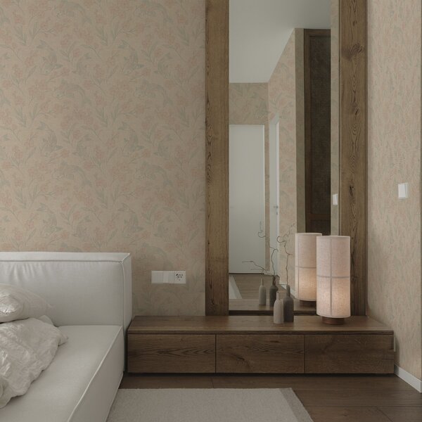 Carta da parati Carpe tra fiori in delicate tonalità beige-rosa, Parati fiori e piante classici, a00766 : Uwalls.it