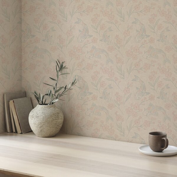 Carta da parati Carpe tra fiori in delicate tonalità beige-rosa, Parati fiori e piante classici, a00766 : Uwalls.it
