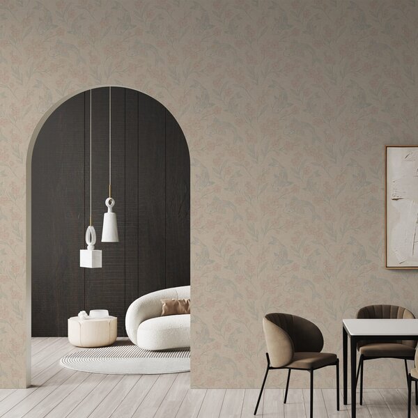 Carta da parati Carpe tra fiori in delicate tonalità beige-rosa, Parati fiori e piante classici, a00766 : Uwalls.it