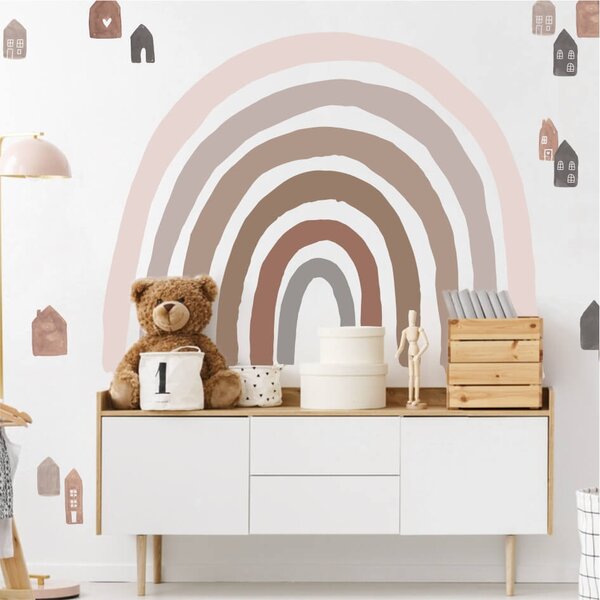 Adesivo murale arcobaleno in colori marroni e case boho