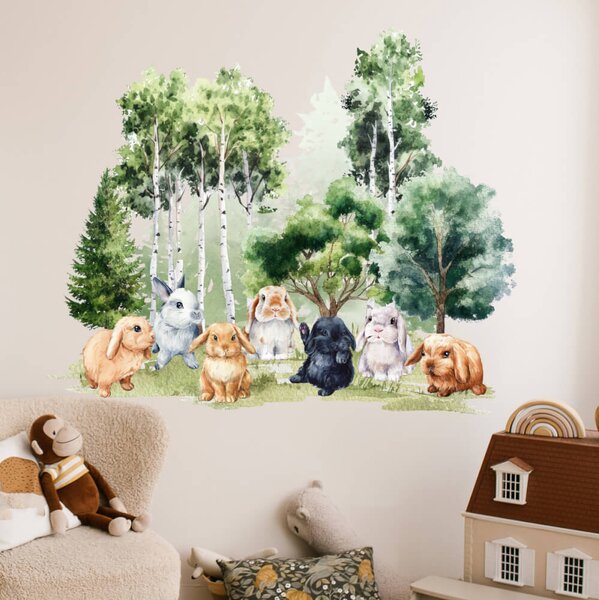 Adesivo murale per la stanza dei bambini - conigli e alberi