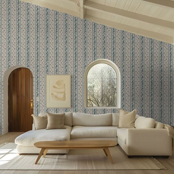 Carta da parati Strisce floreali verticali nei toni del blu-marrone, Parati fiori e piante classici, a00811v1 : Uwalls.it