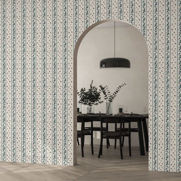 Carta da parati Strisce floreali verticali nei toni del blu-marrone, Parati fiori e piante classici, a00811 : Uwalls.it