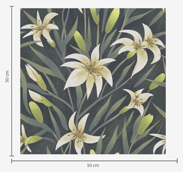 Carta da parati Gigli color crema con foglie su sfondo scuro, Parati fiori e piante classici, a00837v1 : Uwalls.it