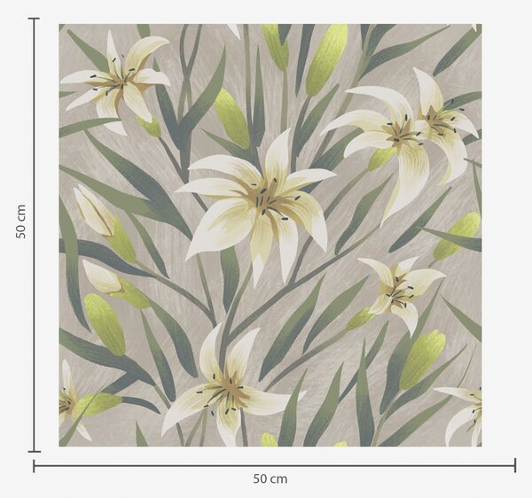 Carta da parati Gigli color crema con foglie su sfondo grigio-beige, Parati fiori e piante classici, a00837 : Uwalls.it
