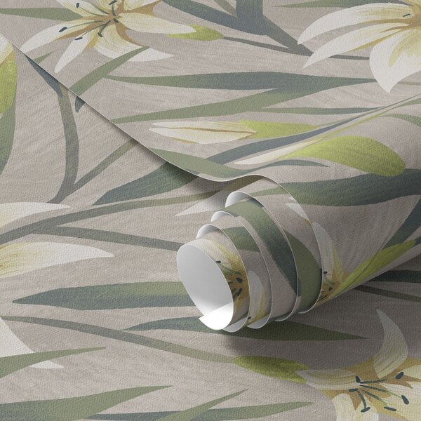 Carta da parati Gigli color crema con foglie su sfondo grigio-beige, Parati fiori e piante classici, a00837 : Uwalls.it